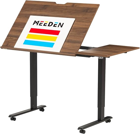MEEDEN Electric Adjustable Office Table | 31"-52" Height Adjustable Craft Desk - Tiltable Tabletop Sit Standing Home Office Desk for drawing - Walnut