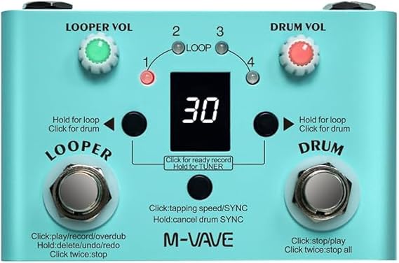 M-VAVE Looper Pedal Drum Machine with Tuner 11-Minute Loop, 30 Preset Drum Patterns, App Editing & Sharing, Dual Power Modes, Tuner, Drum Machine, Loop Mixed Mode