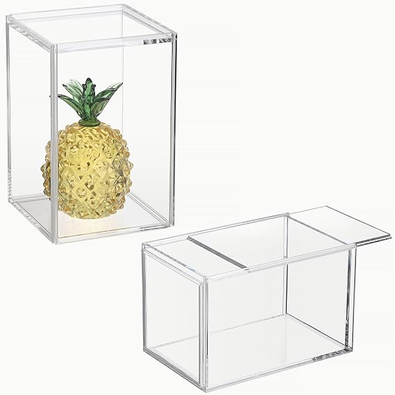 JUXYES 2 Pack Clear Display Case for Mini Action Figures, Acrylic Box with Sliding Door, Stackable Cube Small Showcase, Free Standing Collectibles Protection, 3x3x4.5 Inches