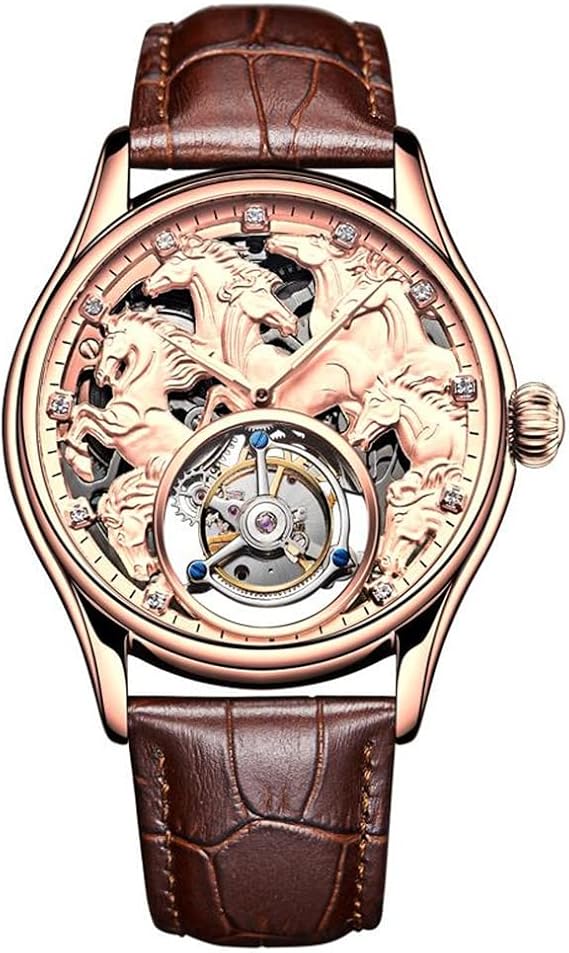 Genuine Tourbillon Mechanical Hand Wind Vintage Watch Men Skeleton Diamond Dial Wristwatch Sapphire Double-Sided Hollow Clock Chinese Zodiac Horses Pattern Meaning Success Bright Future