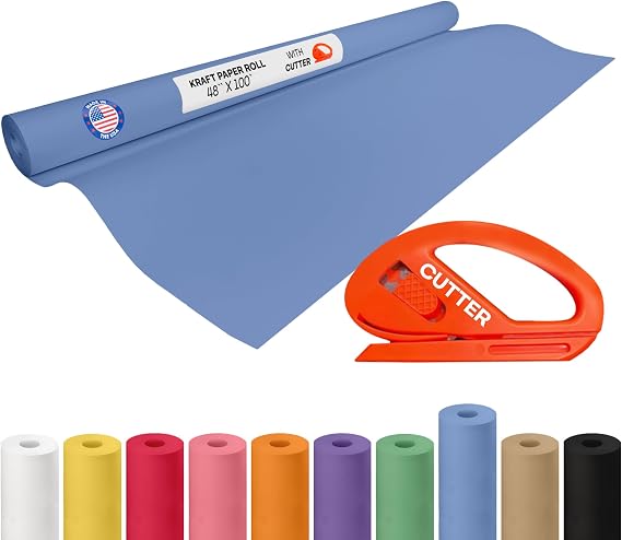 Blue Kraft Paper Roll 48" x 1200" (100 feet) with Cutter - USA-Made Gift Wrapping Paper for Packing, Moving, Shipping & Crafts/Arts - 100% Recyclable Natural Craft Material by IDL Packaging