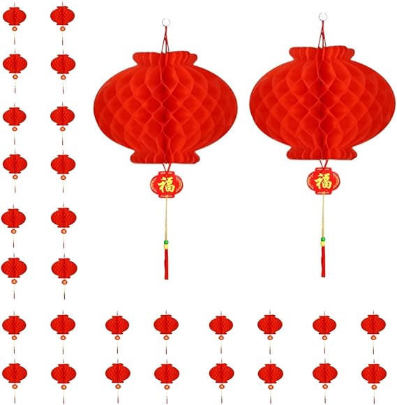 KYMY 30pcs Chinese Red Paper Lanterns - Red Hanging Round Decorative Lanterns for Lunar Dragon New Year, Spring Festival, Wedding Celebration (20cm-7.9inch)