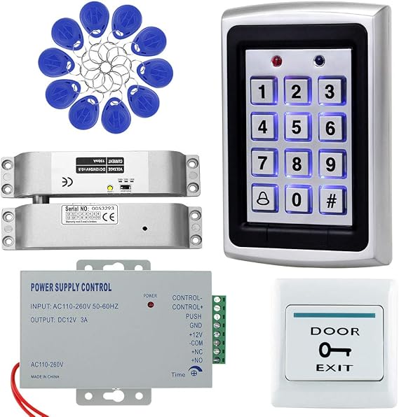 Full Home Access Control System Kit Set Metal 1000 Users Keypad +DC 12V Electric Drop Lock+12V 3A Power Supply+ Door Exit Button + 10pcs RFID Blue 125KHz Keyfobs (with Electric Drop Lock)