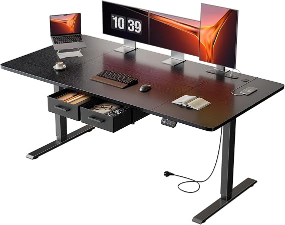 160x80cm Electric Standing Desk, 2 Drawers, Power Outlet