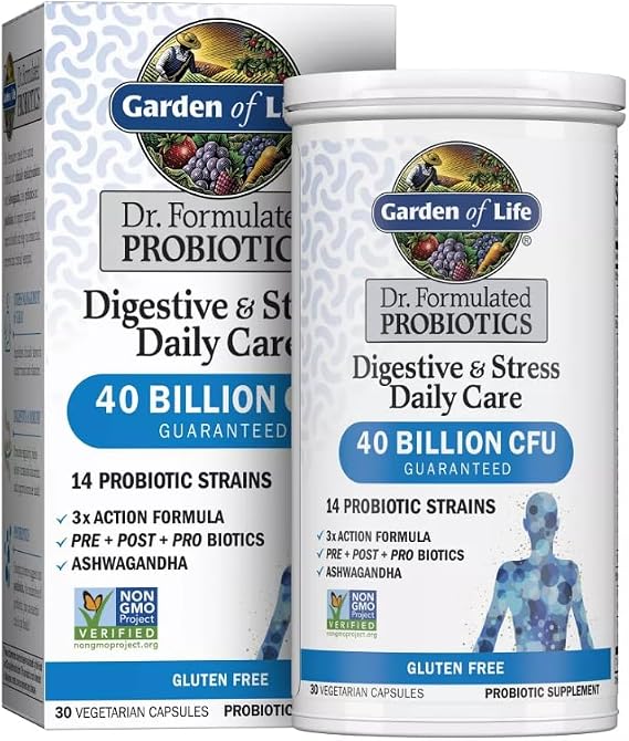 Garden of Life Probiotic Supplement Capsules, Dr. Formulated Digestive + Stress - 30ct, 1 Bottle, Gluten-Free, 30 Servings