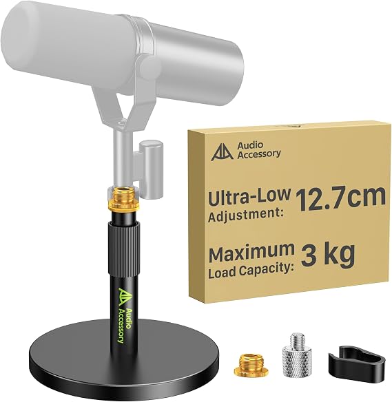 AA AUDIO ACCESSORY Short Mic Stand Desk, Ultra Low 12.7cm Adjustable, 3kg Load Capacity, Fit Tall&Heavy Mic, All-Metal Desktop Microphone Stand for Shure SM7B SM7dB MV7+ Rode PodMic Elgato Yeti Samson