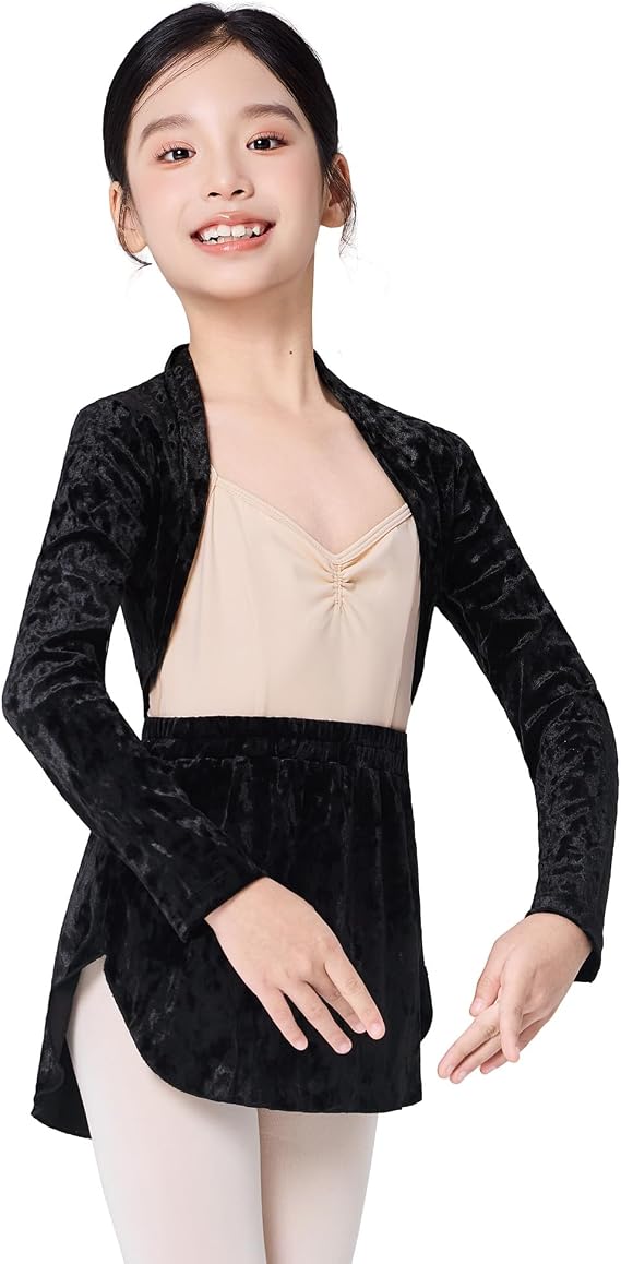 Phoeswan Girls Velvet Ballet Shrug, Kids Long Sleeve Crop Cardigan for Dance, Yoga, Gymnastics, Daily