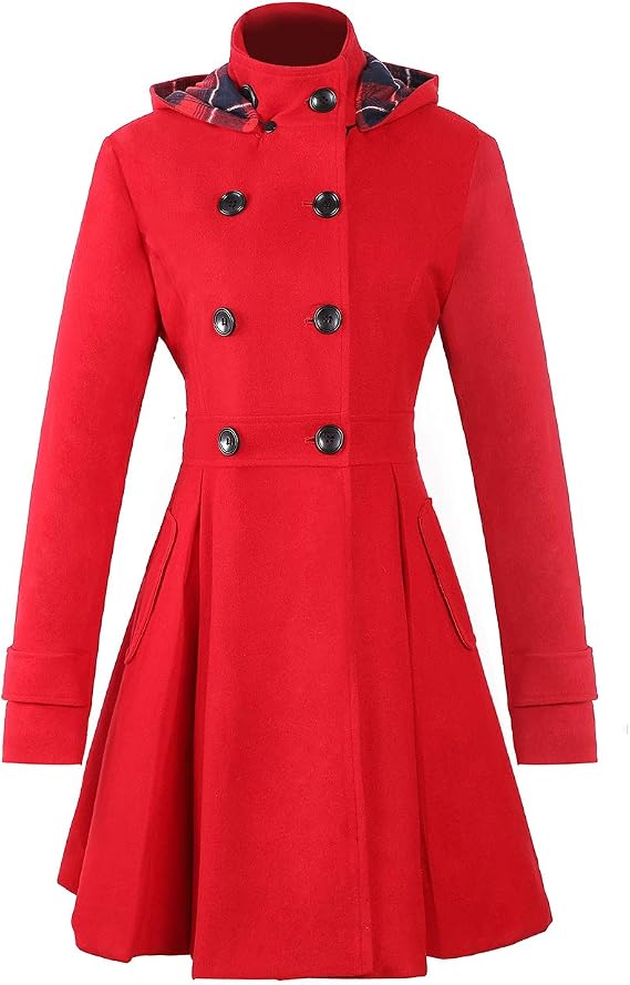 Women Winter Swing Double Breasted Wool Pea Coat dress with hood Spring Mid-Long Long Sleeve Dress Coats