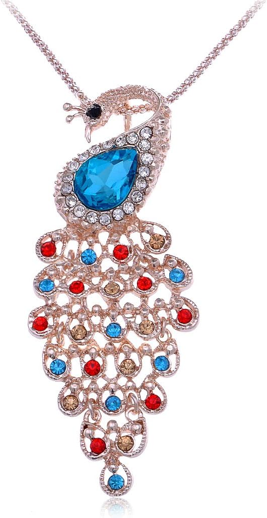 Alilang Womens Golden Tone Light Blue Peacock Bird Tail Feather Pendant Necklace