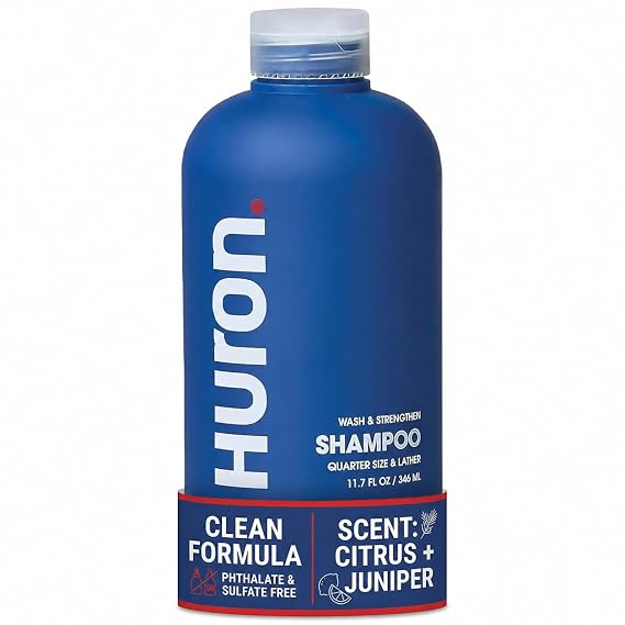 Huron Shampoo for All Hair Types: Cleans + Strengthens Hair, 11.7 oz | Citrus + Juniper scent. Wash away oil, sweat + flakes. Argan Oil, Vit. E + B5 moisturize hair + scalp. No parabens, sulfates.