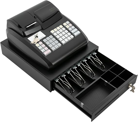 Electronic Cash Register, 47 Keys 28W Cash Register for Small Businesses with with 2.4in/s Printing Speed Cash Management System for Restaurant Supermarket Retail 6-Digits LED Display Black