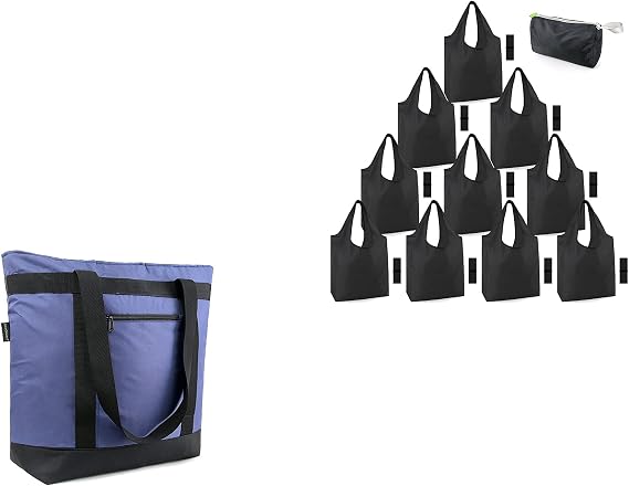 BeeGreen Xlarge Reusable Bags Shopping Washable Foldable 10 Pack and Insulated Cooler Bag 1 Pack with Handles Compact Cute Solid Color Cloth Grocery Totes