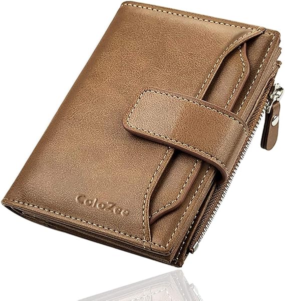 ColoZee Men's Wallet, Genuine Leather RFID Blocking Wallet Mens, Credit Card Holder Bifold Wallet with Zip Coin Pocket for Men, with Gift Box, Khaki