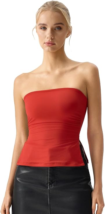 QINSEN Women's Tube Top Double Lined Side Split Strapless Bandeau Top Ruched Summer Going Out Tank Tops