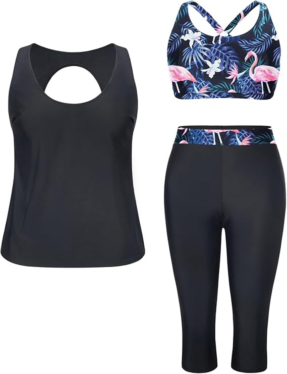 Plus Size 3 Piece Tankini Swimsuits Athletic Bathing Suit with Long Capri