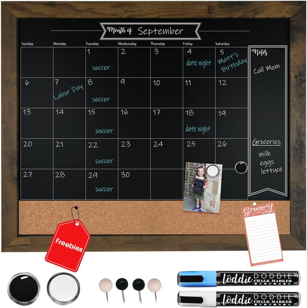 Loddie Doddie Chalkboard Calendar & Bulletin Combo - 18 x 24 Rustic Frame, with Chalk Markers, Push-Pins, Magnets, Blackboard - Kitchen Wall Calendar Organizer