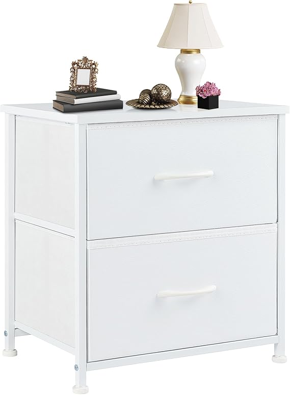 DUMOS Night Stand Small Dresser for Bedroom with 2 Drawers, Bedside Table | Fabric Bedside Storage Furniture, 20 Inch Tall End Side Table for Closet, Bedroom, White