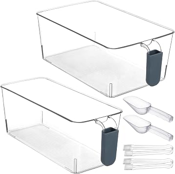 2 Pcs Ice Bin with Scoop and Tong, Ice Bucket with Pull-Out Handle for Freezer, 2 Sizes Clear Plastic Ice Container for DIY Drink Summer Party, 12.2 x 6.9 x 4.3 in, 12.2 x 4.9 x 4.3 in, Dark Blue