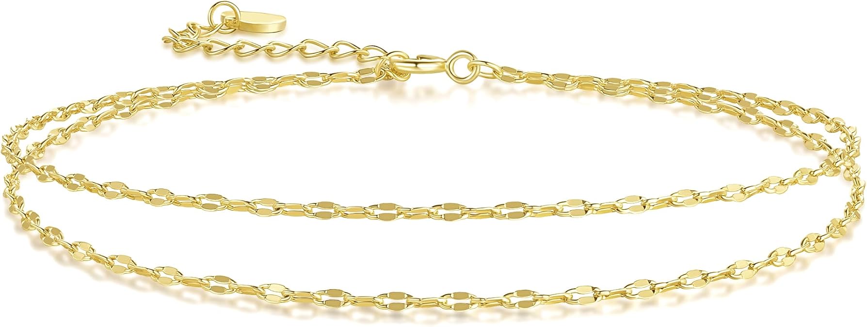14K Gold Anklets for Women Layered Ankle Bracelets for Women | 14K Gold Anklets for Women Flat Mirror Chain Double-Layer Design Dainty Anklet Layered Anklet for Womens 9.4-11in