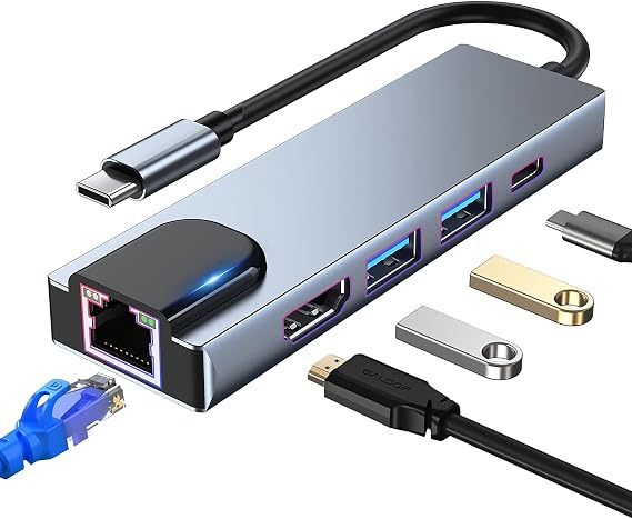USB C Hub Multiport Adapter, 5 in 1 USB C Docking Station with 4K HDMI, RJ45 Ethernet, USB3.0, 100W PD, Compatible with MacBook Pro/Air, IPad Pro, IPad Mini 6, Surface Pro and More Type C Devices