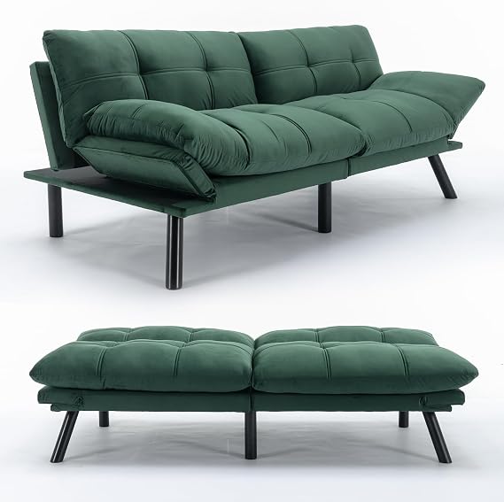 Adjustable Foldable Modern Leisure Memory Foam Futon Sofa Bed Convertible Folding Reversible Bench Bed Chaise Couch Lounge Metal Legs for Living Room,Green