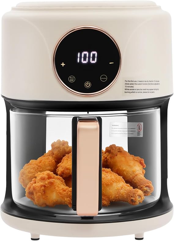 4.44QT Glass Air Fryer, 8 Presets Compact Air Fryer Clear View, 1200W 176F-392F Mini Airfryer for Quick Meals, Touch Controls, Nonstick and Dishwasher Safe Basket(White)