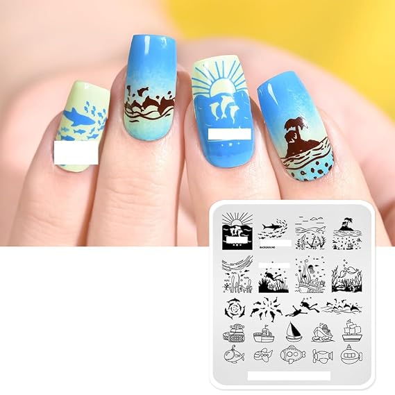 Nail Stamping Plate Summer Vacation Ocean Shark Dolphin Island Boat Dive Theme Multi-Pattern Stamp Print Image Stamp Template Nail Art for Nail Design By Rolabling
