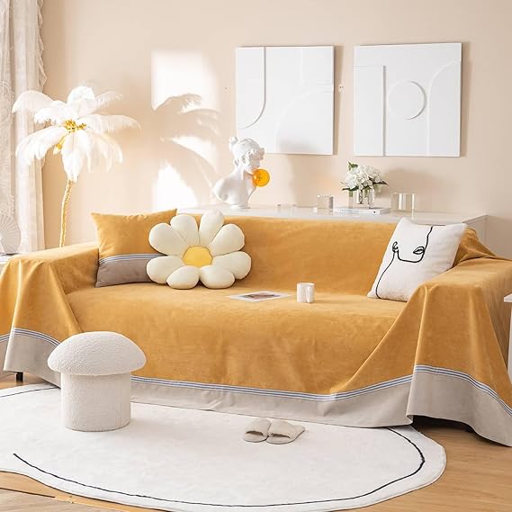 Daesar Sofa Cover Polyester, Couch Covers 4 Seater Solid Color with Stripes Pattern Sofa Throw Blankets for Bedspreads Armchairs Furniture Bed Throw 200x400CM, Yellow