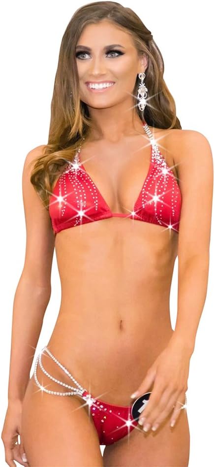 Red Rhinestone Bikini Competition Suit NPC Bikini Competition Bikinis (Xtra Small Hips 28"-31", C/D)