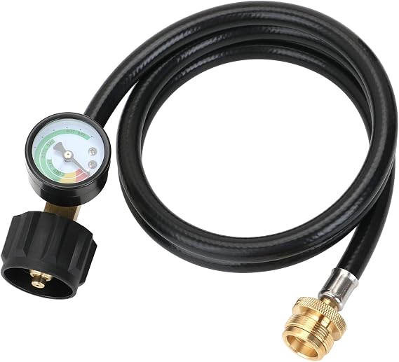 STYDDI 1lb to 20lb Propane Adapter Hose with Gauge, 4FT Propane Hose Converter Kit 1 lb to 20 lb for Weber Q Grill, Coleman Camp Stove, Blackstone Griddle, Buddy Heater and More Portable Appliances