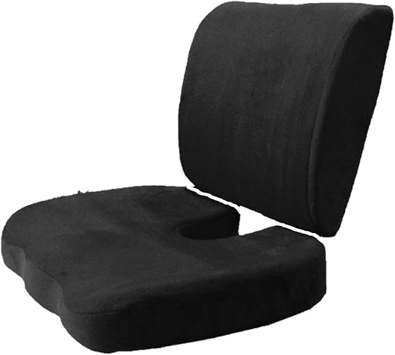 2pc High Resilience Memory Foam Seat Chair Waist Lumbar Back Support Cushion Pillow Car Office Home (Black)