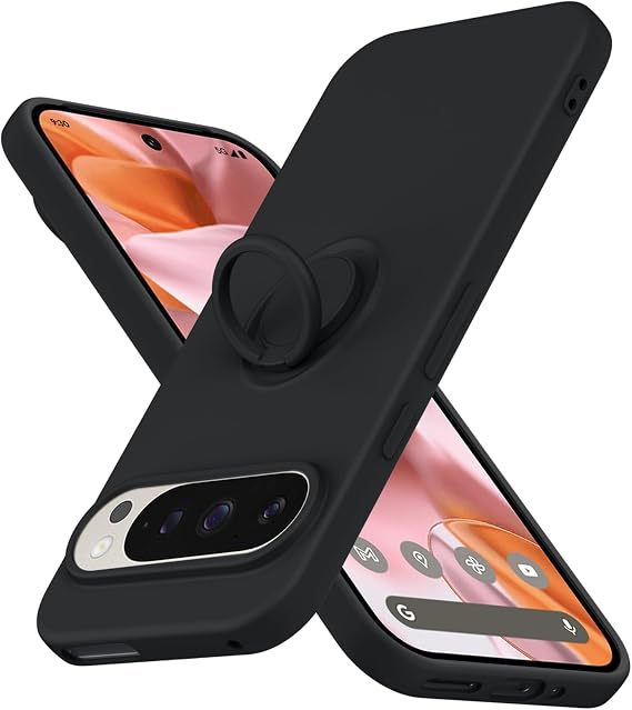 for Pixel 9 Pro/9 Case with Ring,Slim Soft Liquid Silicone Black | Built in 360Rotatable Ring Holder,with Anti Scratch Microfiber Lining,Protective Phone Case 6.3in Black JUS04-117