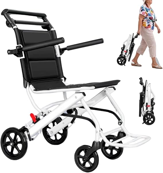 Lightweight Folding Wheelchair, 8.2 KG Transit Travel Wheel Chair with Adjustable Safety Strap, Portable Aluminum Wheelchair for Adults, Transport Foldable Wheelchairs Black
