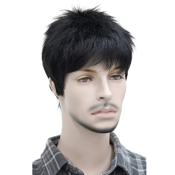 Lydell Men's Wig Natural Black/Brown Short Straight Hair Synthetic Full Wigs (Natural Black)