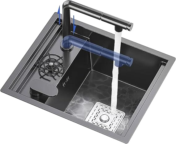 45*38cm Bars Sink with Cup Washer, Lift Pull-Out Tap, Stainless Steel, Self-rimming, Undermount, Polished, Rectangular, 2 Holes, Kitchen Sink