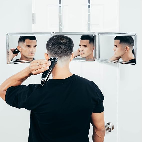 Self Cut System 3 Way Mirror for Self Hair Cutting, Trifold Barber mirror with Height Adjustable Hooks, 360 View, Includes Free Educational Mobile App (Black Lambo)