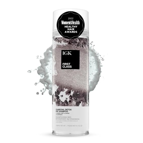 IGK First Class Charcoal Detox Dry Shampoo for Oily Hair + Scalp, 6.3 Oz | Volumizing Spray for Oily Hair, Absorbs Oil + Odor, Invisible Finish with No White Residue, Talc-Free + Vegan