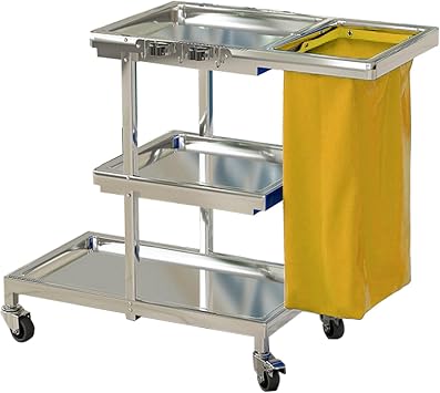 Stainless Steel Cleaning Cart, Commercial Janitorial Cart, 3 Shelf Housekeeping Cart, Large Capacity Mop Trolley with Vinly Bag 65L(M,Yellow)