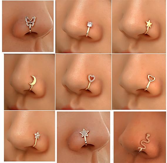 9 pieces Nose Rings Cuff for Women and Men Faux Nose Rings Clip Non Piercing Fake Nose Rings Pack Body Piercing Jewelry for Gift (gold)
