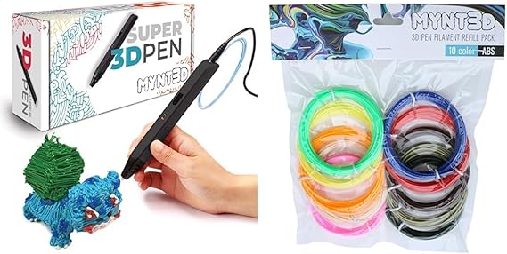 MYNT3D Super 3D Pen with 10-Color ABS Filament Refills - Create 3D Art
