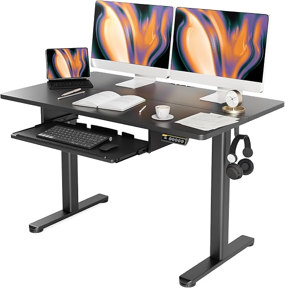 Claiks Adjustable Standing Desk with Keyboard Tray 48 x 24 Inches Black | Waterproof splice tabletop, 23.6 x 11.8 inch slide-out tray, 28.3 to 46.5 inch electric height with 4 presets