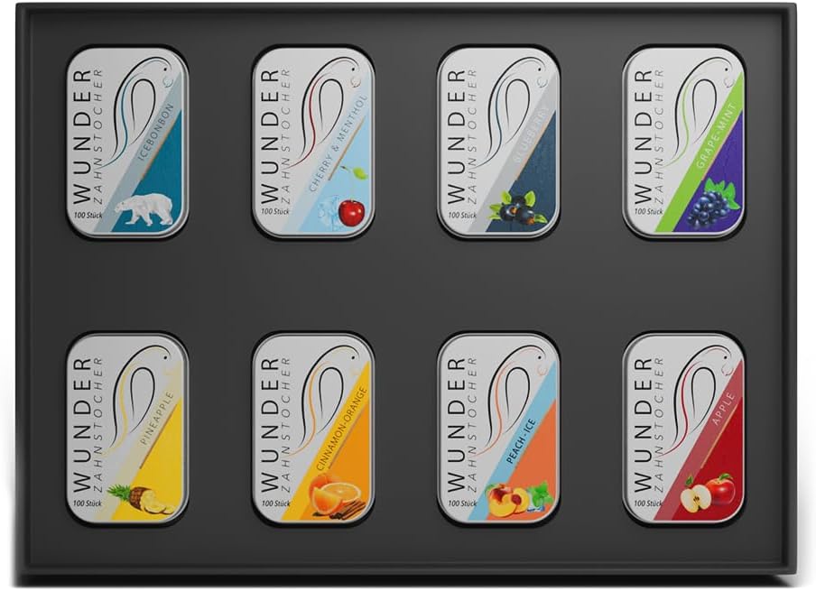 All in One Box - 8 Varieties in Metal Tins - Toothpick with Flavour Set - Tasting Box & Gift Idea