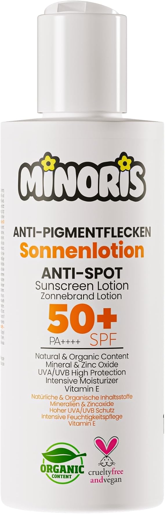 Minoris Anti Stain Sunscreen Lotion SPF 50+, Organic, Natural & Mineral Content, For Sensitive Skin, Hypoallergenic, Vegan, Water Resistant, Wide Spectrum, Suitable as Makeup Base