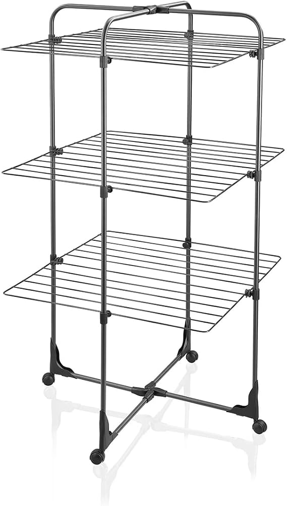 Leifheit Classic Tower 270 Black Edition tekerlekli kurutma makinesi, 2 – 3 çamaşır yükü için 27 m ip uzunluğu, yer tasarrufu sağlayan çamaşır kulesi, duş için yarı taraflı katlanabilir kule çamaşır