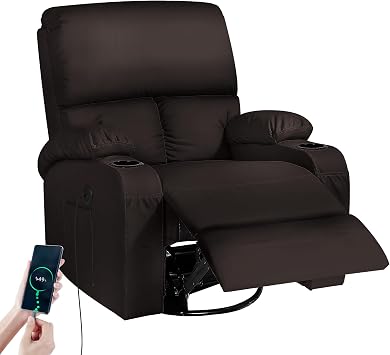 Rocking Recliner Chair, Massage Rocker Recliner Chair with Vibration Massage and Heat, USB and Type-C Ports,360  Swivel Faux Leather Chairs, Living Room, Bedroom, Nursery, RV, Brown