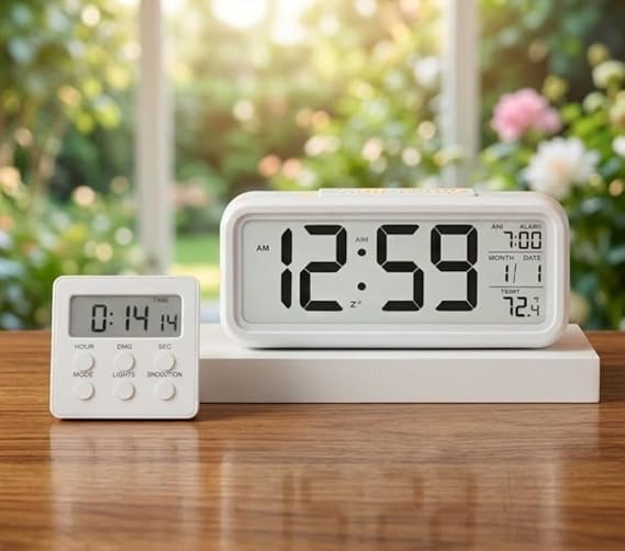 MR LED Ekranlı Dijital Masa Saati & 2 Alarm Kademeli Kronometre Seti – Alarm, Tarih, Sıcaklık Göstergeli Modern Masa Saat Seti (BEYAZ Kronometre)