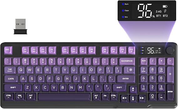 FREEWOLF M96 Wireless Gaming Membrane keyboard, Knob Control BT/2.4G Wireless, Mechanical Feeling, RGB LED Backlit with Display Screen, PBT Keycap,