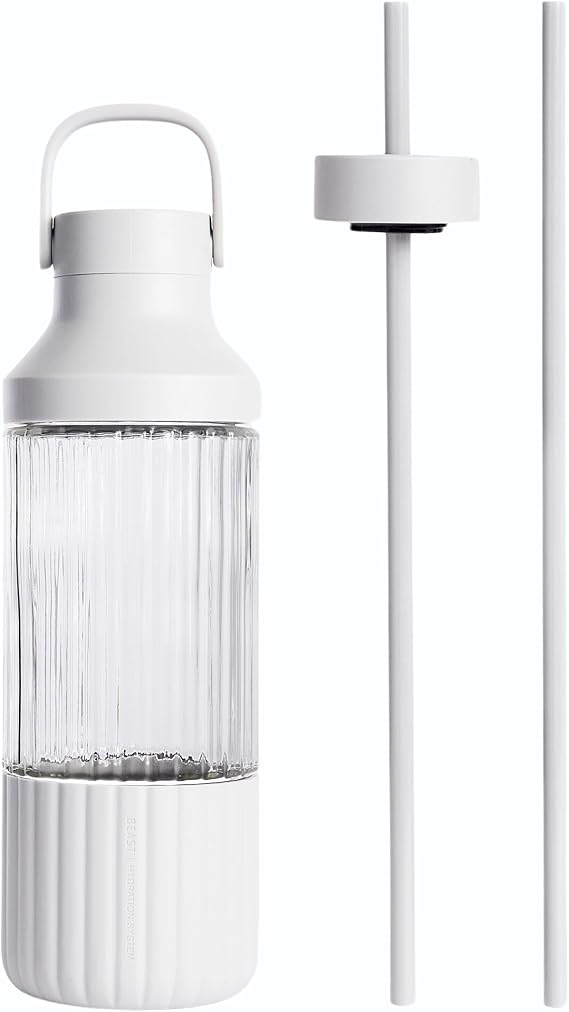 BEAST Health Glass Water Bottle, Straw & Carry Lid, Cloud White, 25oz