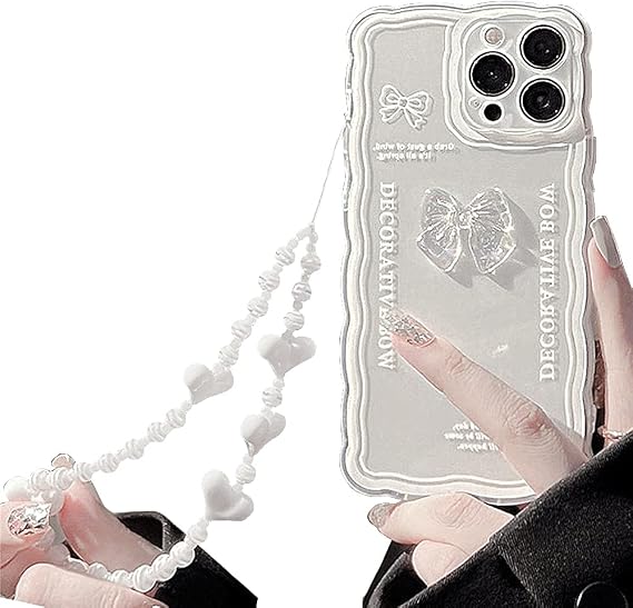 Casechics Compatible with iPhone 13 Pro Case,Crystal Bow Tie,White | Slim Soft Transparent,with Bracelet Chain,for Women Girl