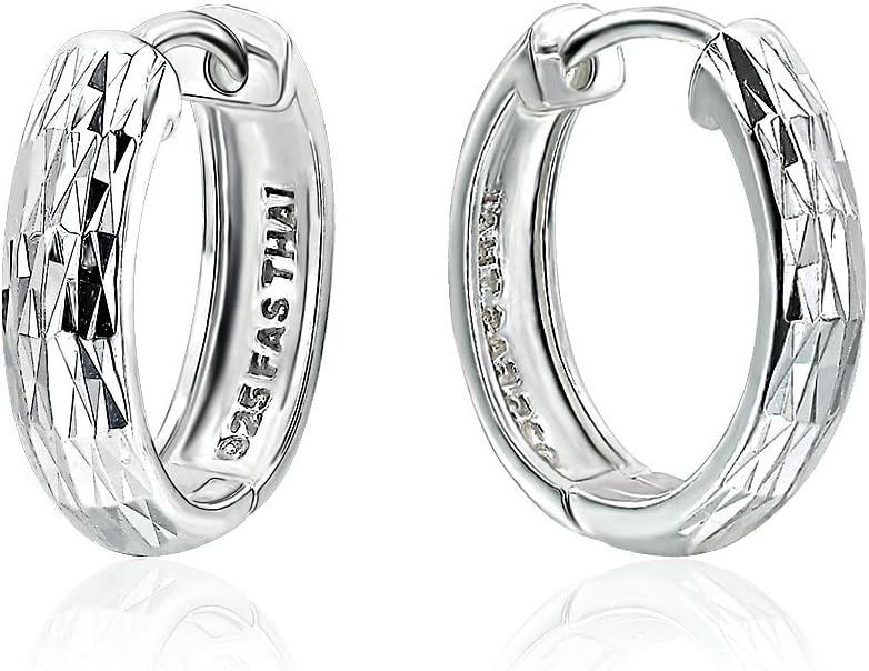 Sterling Silver Diamond Cut Ear Cuff Hinged Huggie Hoop Earrings for Women, 16mm Diameter